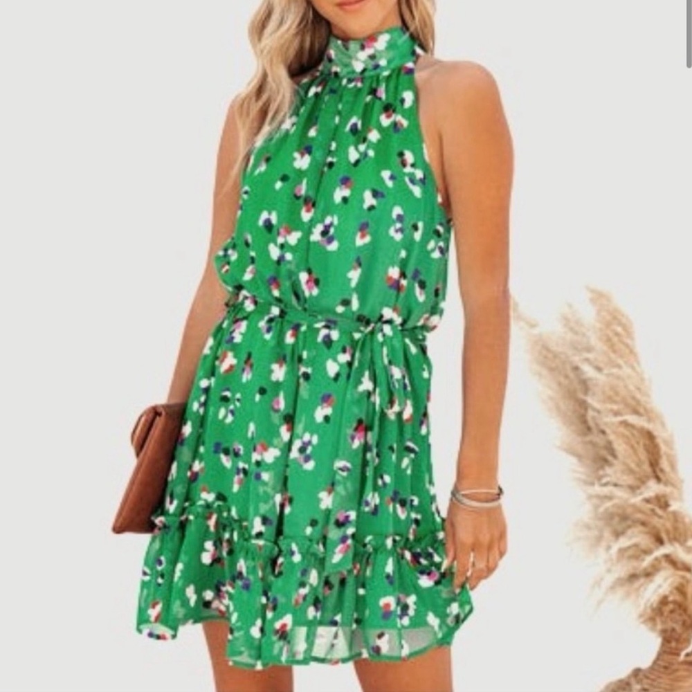 Vici Green Floral Halter Dress with Pink and Purple Accents
